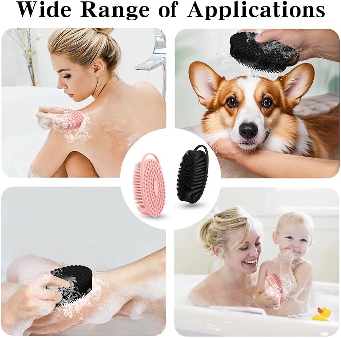 2 Pack Silicone Body Scrubber with Loofah Exfoliating Soft Body Shower Scrubber for Skin, 2 in 1 Bath and Shampoo Wash Brush for Skin Exfoliation Men Women (Black&Pink)