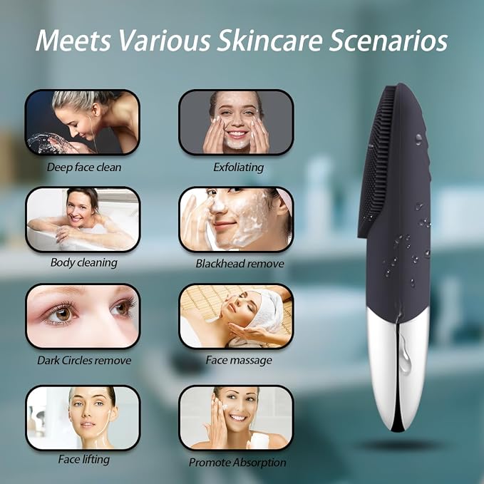 Facial Cleansing Brush, 3-in-1 Electric Silicone Face Scrubber, Vibrating Massager, IPX7 Waterproof, USB Rechargeble Pore Brush for Deep Cleanning, Blackhead Remover, Exfoliating (Gray)