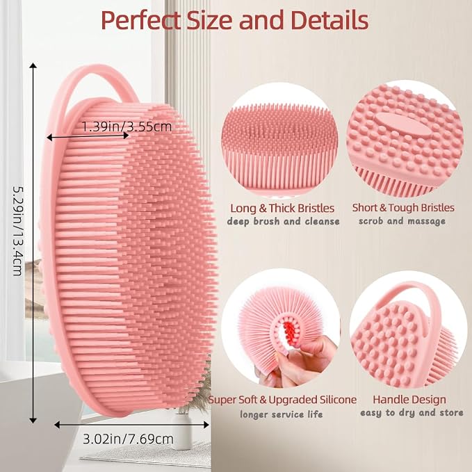 Silicone Body Scrubber 2 Pack Silicone Loofah Exfoliating Body Scrubber Soft Silicone Shower Brush with Handle Double Sided Bath Body Brush for Women Men Cleaning Massage Sensitive Skin, (Pink, Black)