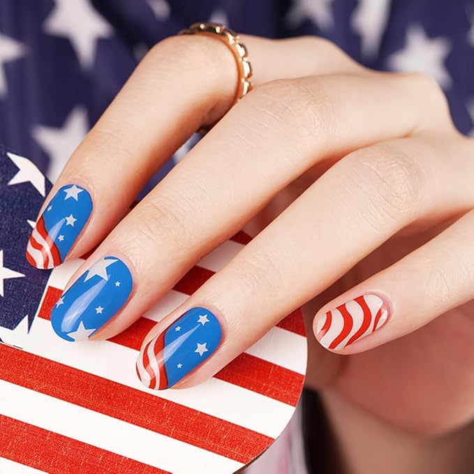 4th of July Nail Wraps - 20Pcs American Flag Nail Polish Strips, Patriotic Nail Stickers for Independence Day, Long Lasting Salon-Quality, Includes Nails File & Wooden Stick - UV/LED Lamp Required