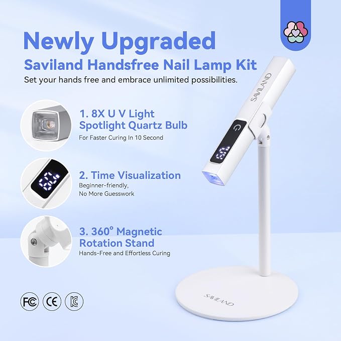 SAVILAND LED U V Light with Magnetic Stand & LCD Screen Portable Nail Lamp Kit Handsfree 2-Timer Modes Portable Mini Nail Dryer Stand for Gel Nails USB Rechargeable and Cordless for Home DIY Manicure | Magnetic design, LCD screen, 2 timers, USB recharg...
