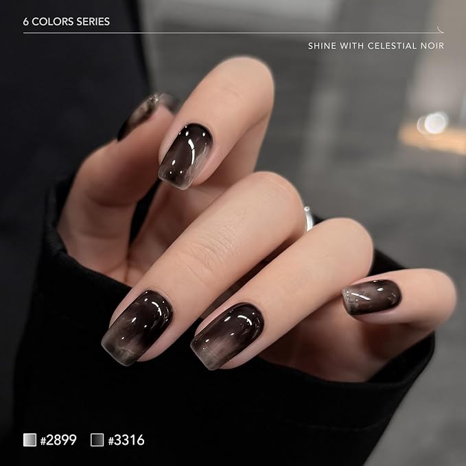 GAOY Black and White Gel Nail Polish Set 6 Colors, Cat Eye Gel with Magnet | UV Lamp Required, Holographic Glitter Glass Cateye, Holiday Halloween Nail Art, Salon Gel Manicure Pedicure