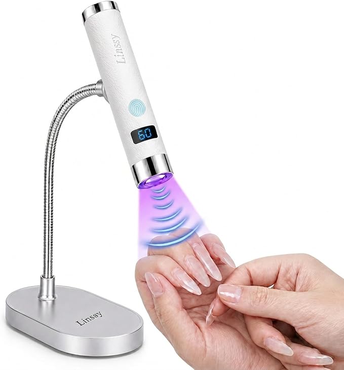 Mini UV Light for Gel Nails with Auto Sensor & Magnetic Stand,Hands Free | Rechargeable Handheld Flash Cure Nail Lamp with LED Display,Single Finger Gooseneck UV Lamp at Salon,DIY,Home(White)