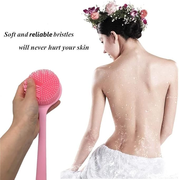 Long Handle Silicone Body Scrubber for Shower, Dual-Sided Back Scrubber Brush with Soft Bristles&Massage Nodes, Exfoliating Bath Brush for Hard to Reach Areas, Easy to Clean & Quick Dry, for Daily Use