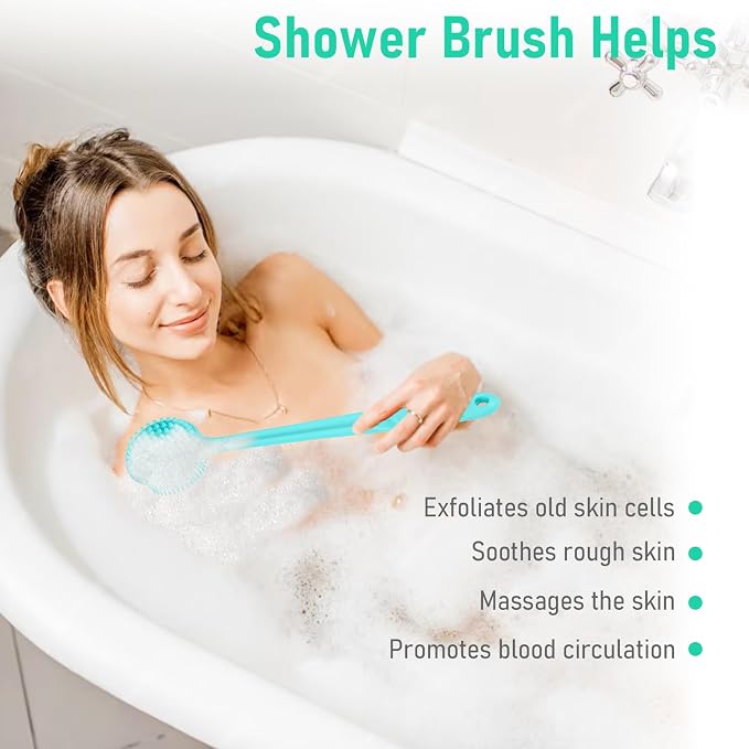 KXF Silicone Back Scrubber for Shower Bath Body Brush with Long Handle Double Sided Exfoliating Shower Brush with a Hook and a Lanyard