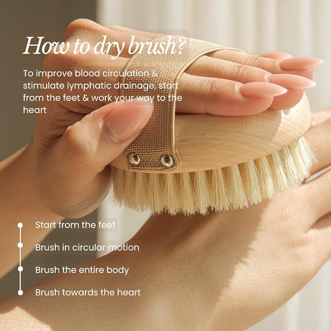 Bare Botanics Dry Brushing Body Brush for Lymphatic Drainage | Medium Firmness Cruelty Free Natural Boar Bristles Improves Circulation and Gently Exfoliates | Ergonomic Elastic Strap