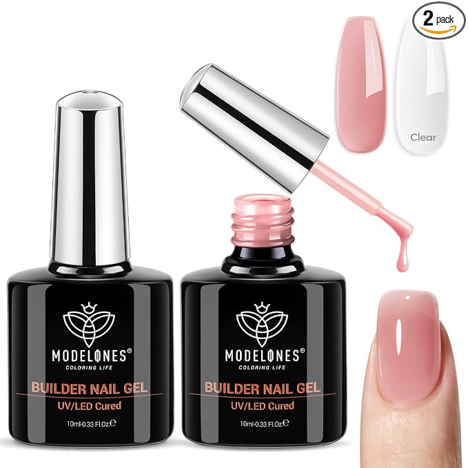 modelones Base Coat Builder Nail Gel, 2 Pcs Clear and Rose Nude Pink | Builder Nail Polish for Thickening Apex Building 8-in-One Rubber Color Base Polish Extend Gel LED Lamp Cured 10 ml DIY Salon