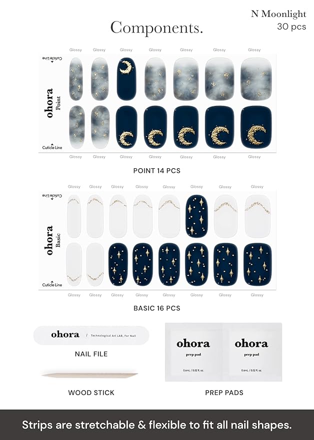 ohora Semi Cured Gel Nail Strips (N Moonlight) - Dark, Patterned, Works with Any UV/LED Lamps, Salon-Quality, Long Lasting, Easy to Apply & Remove - Includes 2 Prep Pads, Nail File & Wooden Stick