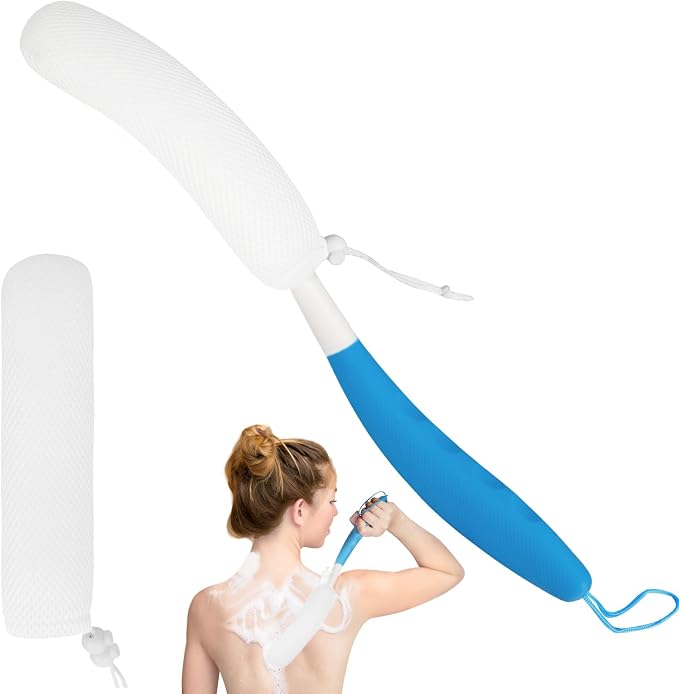 Back Scrubber for Shower,15.35" Long Handle Shower Brush for Body | Back Brush for Shower for Men Women, Long Handled Bath Sponge for Deep Clean,Exfoliating,Anti-Slip Curve Handled