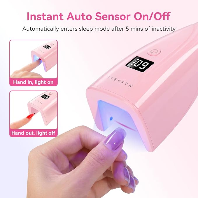 Makartt 3s Flash Cure UV Nail Lamp for Gel-X, Nail Glue Rhinestones Charms | 222 mW/cm² Handheld Rechargeable FinGlow Nail Light Nail Dryer with Sensor, LCD Display & 2 Timers, Home DIY Salon Use, Pink