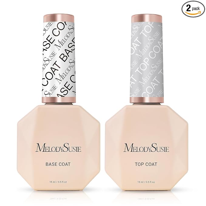 MelodySusie Top Coat Base Coat No Wipe Glossy Set Long Lasting Shine Finish Soak Off UV LED Nail Lamp Nail Polish Art Design Manicure Kit Perfect Gifts for Women Girls 2 Pcs 15ml Clear