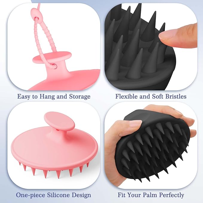 Manmihealth Large Hair Scalp Scrubber, One-piece Silicone Scalp Massager | Long Bristles Shampoo Brush for Dandruff Removal and Hair Growth with Hang Strap, Wet Dry Use (Pink+Black)