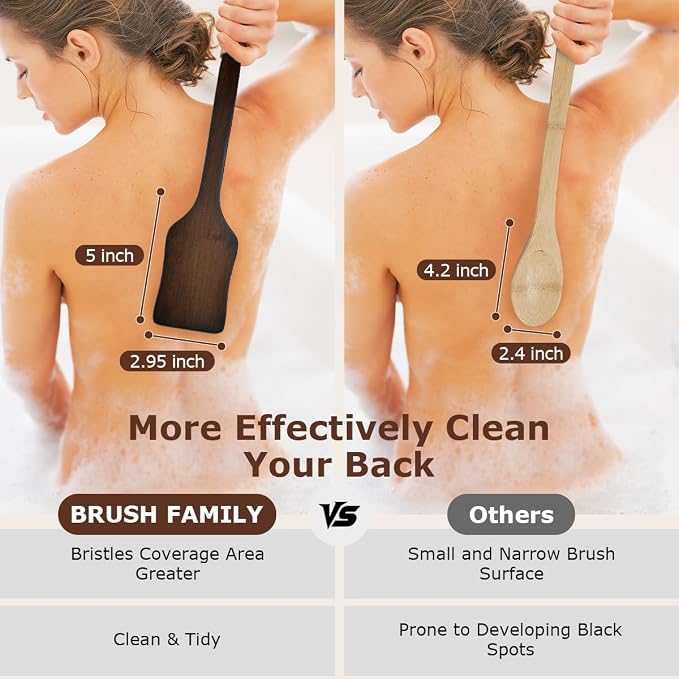 Shower Back Scrubber with Curved Long Handle, Medium-Hard Natural Boar Bristles Back Scrubber for Shower for Men and Women Exfoliator Set with Foot File (2 Pack)