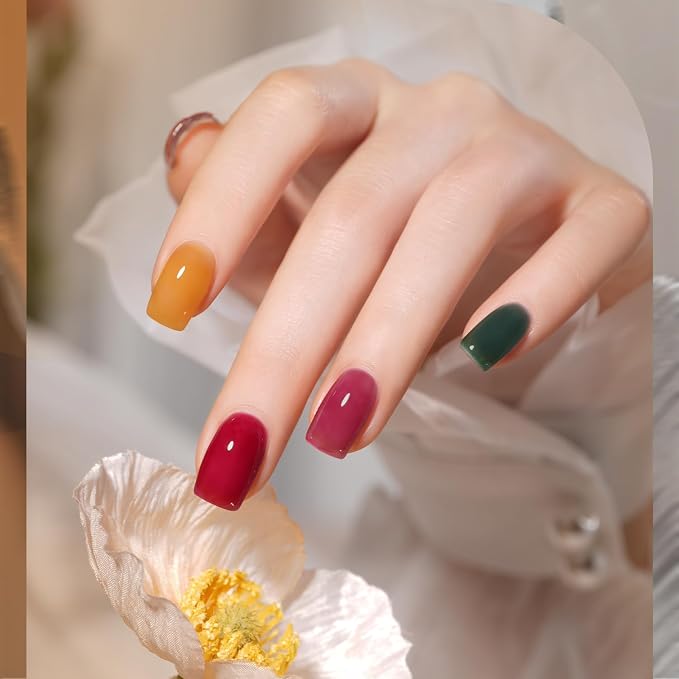 GAOY Jelly Gel Nail Polish Set, 6 Colors Red Green Brown Yellow Pink UV Gel | Layer with Cat Eye, Buildable Color, UV Lamp Required, Easy to Apply, Long Lasting, Christmas Nails, Gift for Women