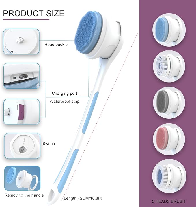 Electric Body Brush,5 Attachments Brush Heads Electric SPA Spin Scrubber for Shower Bathing Cleansing Wash Deep Cleaning with Silicone Rechargeable IPX7 Waterproof