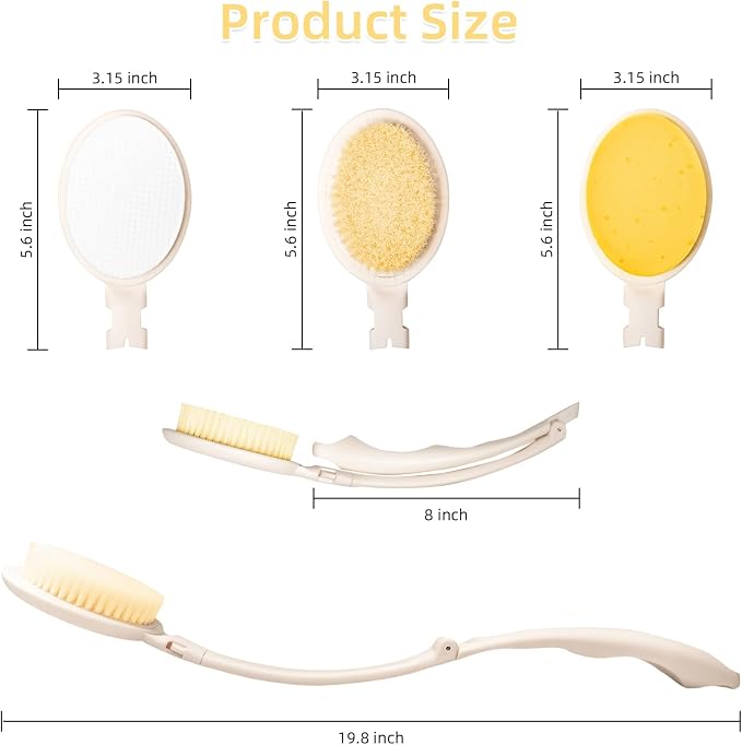 LFJ 19" Long Handle Shower Sponge Brush Set | 3 in 1 Body Brush, Bath Sponge and Lotion Applicator Improved Skin Health, Foldable, For Man and Women, 2PCS