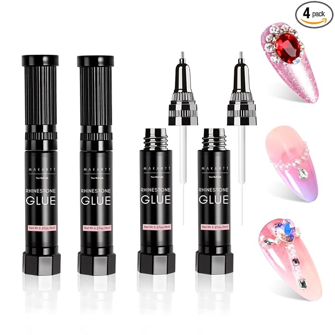 Makartt Nail Rhinestone Glue: Precision Tip and Brush for Tiny Gems 4 x 8ml | Low Viscosity, UV/LED Cured, Gap Filling, Small Charms, Glitter, Pearls and Sequins, 3D Sculpting, DIY and Salon Use