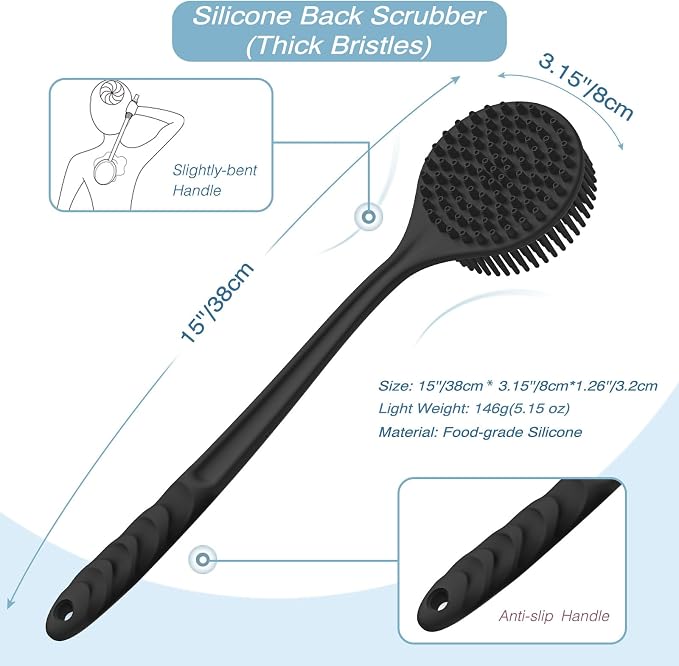 Manmihealth Silicone Body Scrubber & Face Brush Set Thick Bristles Black | 3PCS Super-Exfoliating & Lathering Back Scrubber, Shower Brush, Face Scrubber Combination, with a Free Hook