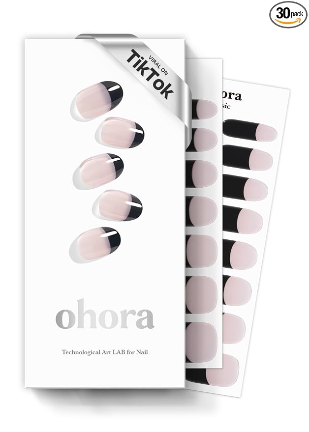 ohora Semi Cured Gel Nail Strips (N Chic French) - Black, French, Works with Any UV/LED Lamps, Salon-Quality, Long Lasting, Easy to Apply & Remove - Includes 2 Prep Pads, Nail File & Wooden Stick