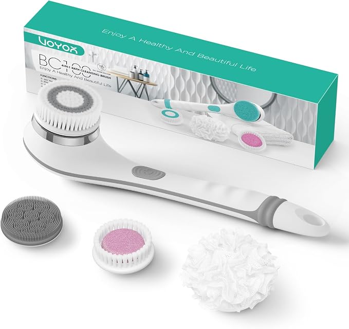 VOYOR Electric Body Brush Back Scrubber for Shower Rechargeable BC100, Grey | Exfoliating Bath Brush Powered Shower Brush with Non-Slip Long Handle Deep Cleansing, Exfoliation, Massaging Spin Brush