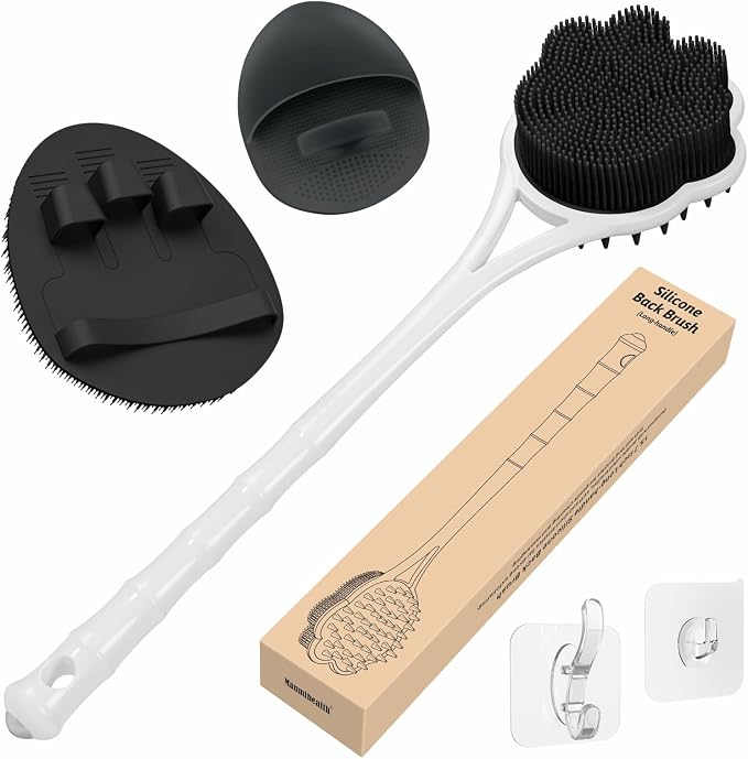 Manmihealth 15.7" Cute Silicone Body Scrubber & Face Scrubber Set BlackSet | 3 PCS Paw-Shaped Silicone Back Shower Brush & Facial Scrubber with Super-Soft Bristles Combination