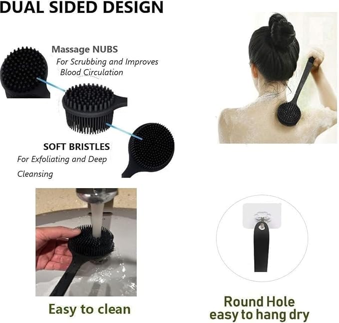 Long Handle Body Scrubber, 15 inch Length, Soft Silicone Bristles, Double-Sided Bath Brush for Back Exfoliation