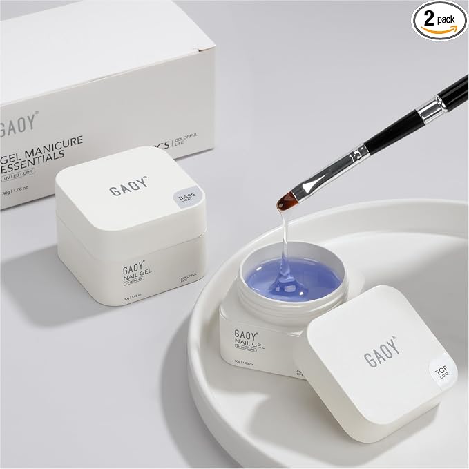 GAOY 30g Gel Top and Builder Base Set, Non-Yellowing, Cure Needed, 2 Pcs | Non-Yellowing Glassy Top Coat and Ultra-Adhesive Builder Base, 2 Pcs 30g Big Volume with Nail Brush, Crystal Clear Finish