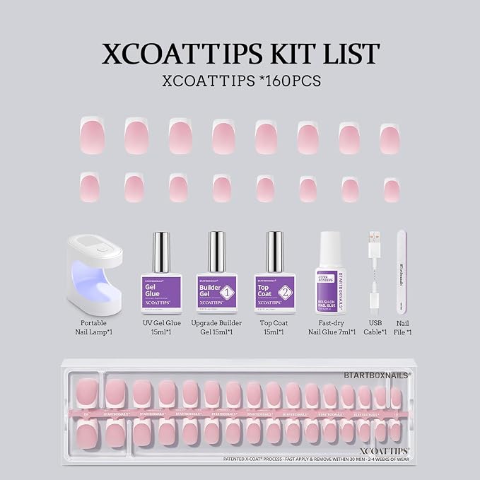 BTArtboxnails XCOATTIPS White French Tip Press On Nails Kit, S Square, Pink | Lamp-Curable, 4-Week Wear, Salon Quality Value at Home, 160 Nail Tips, Glue, Builder Gel, Top Coat, Nail Lamp, All-in-one Kit