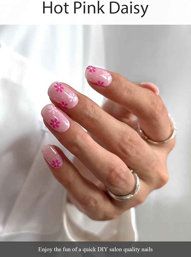 Semi Cured Gel Nail Strips (Hot Pink Daisy), 20 Pcs Gel Nail Wraps, Stickers, Salon Quality, Sun-Cured or UV-Cured