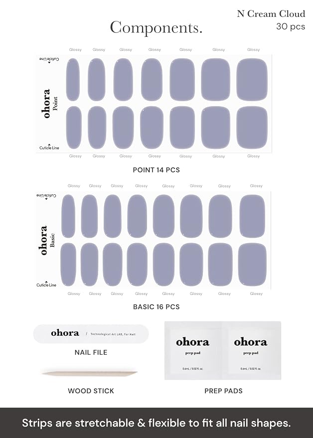 ohora Semi Cured Gel Nail Strips (N Cream Cloud) - Purple, Solid, Works with Any UV/LED Lamps, Salon-Quality, Long Lasting, Easy to Apply & Remove - Includes 2 Prep Pads, Nail File & Wooden Stick