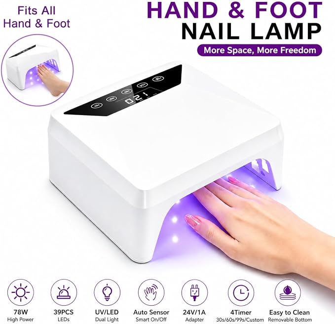 78W Plug in Nail Lamp, Professional Corded Nail Dryer for Gel Nails, UV LED Nail Lamp for Salon, Builder Gel & Press On Nails, Adjustable Stand for Hands & Feet, Toenail Curing Light