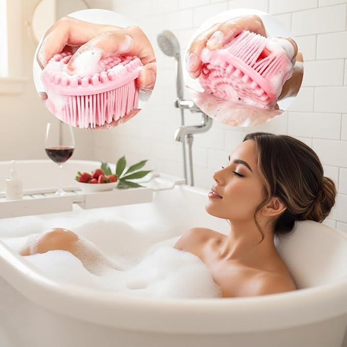 Silicone Body Scrubber 2 Pack Silicone Loofah Exfoliating Body Scrubber Soft Silicone Shower Brush with Handle Double Sided Bath Body Brush for Women Men Cleaning Massage Sensitive Skin, (Pink, Black)