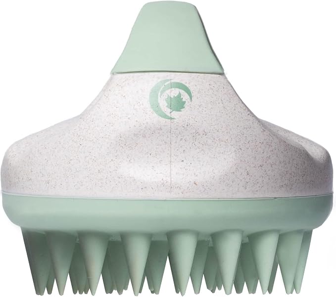 Hair Shampoo Brush and Scalp Exfoliator - In Shower Scalp Scrubber for Dandruff Removal & Growth Stimulator for Wet or Dry Hair - Soft Silicone Scalp Massager Made with Recycled Wheat Straw - Green