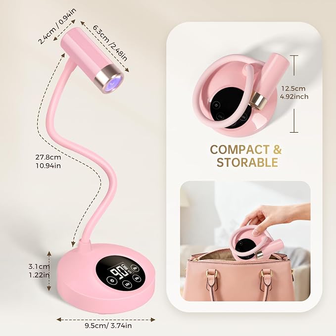 AORAEM UV LED Nail Lamp, Rechargeable Gooseneck Lamp for Gel Nails | Quick Dry LED Nail Light Nail Dryer with 4 Timers & Auto Sensor, Professional Flash Cure Light for Gel Nails Home DIY Pink