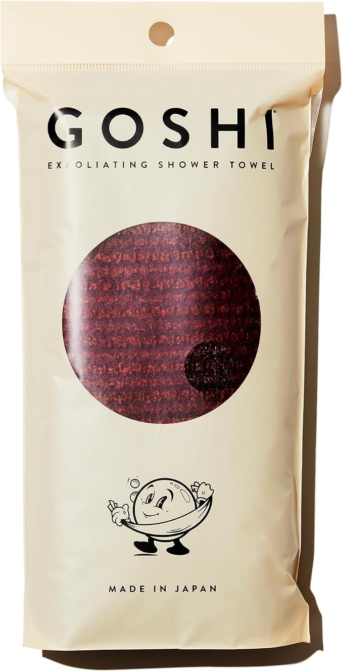 GOSHI Exfoliating Shower Towel - Long Body Scrubber, Red | For back acne, KP & smooth skin, durable quick dry nylon washcloth, ethically crafted in Gunma, Japan