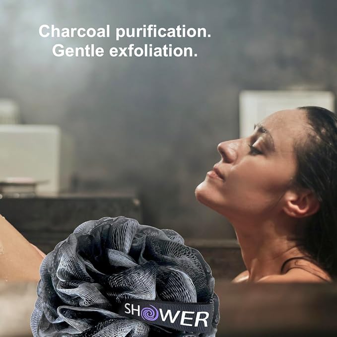 SHOWER BOUQUET Charcoal Back-Loofah-with-Handle & 2 Bath Sponge Puff Set | 1 Long Handled Loofah on a Stick for Men & Women & 2 Extra Large 75g Soft Mesh Loofa Poufs - Exfoliating Lufa Back Scrubber