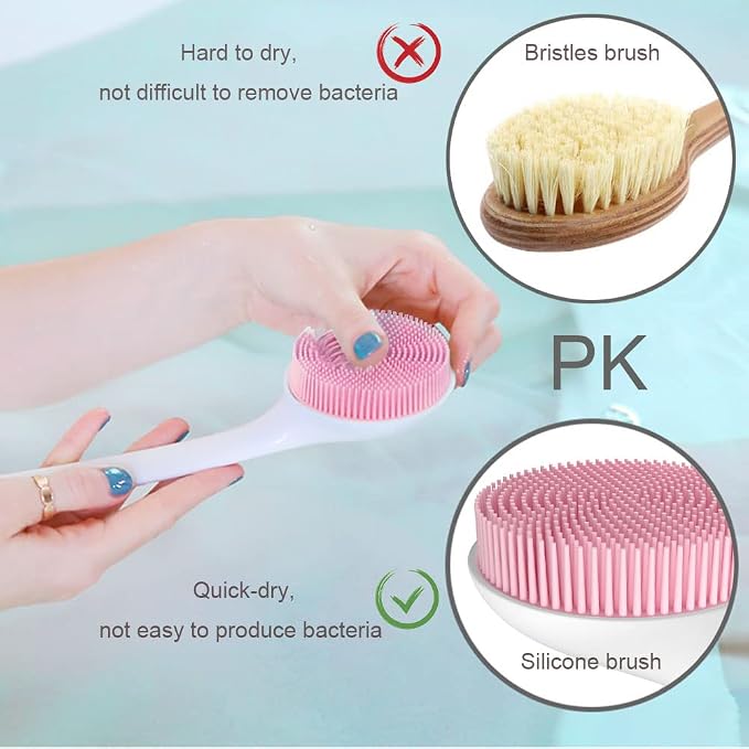 Silicone Back Scrubber for Shower, Back Washer Brush Long Handle with Soft Bristles, Bath Body Shower Exfoliator Brush for Men and Women, BPA Free, Non-Slip