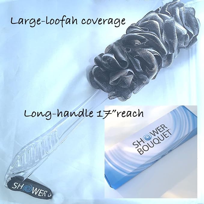 SHOWER BOUQUET Charcoal Back-Loofah-with-Handle & 2 Bath Sponge Puff Set | 1 Long Handled Loofah on a Stick for Men & Women & 2 Extra Large 75g Soft Mesh Loofa Poufs - Exfoliating Lufa Back Scrubber