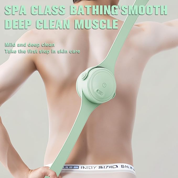 Electric Body Brush Back Scrubber for Shower, Waterproof Long Double-Handled Four-Head Electric Body Scrubber, Rechargeable Bath Brush, for Cleaning, Exfoliation and Skin Massage (Mint Green)