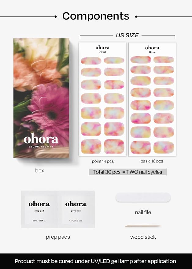 ohora Semi Cured Gel Nail Strips (N Floral Fantasy) - Rainbow, Ombre, Works with Any UV/LED Lamps, Salon-Quality, Long Lasting, Easy to Apply & Remove - Includes 2 Prep Pads, Nail File & Wooden Stick