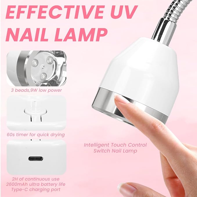 Touch Switch Gel x Lamp, 9W Cordless Flash Cure Lamp with 60s Timer | Portable Rechargeable Gooseneck UV Lamp for Gel x Nails, Quick Drying UV/LED Nail Lamp for Gel Nails, Home & Salon Use