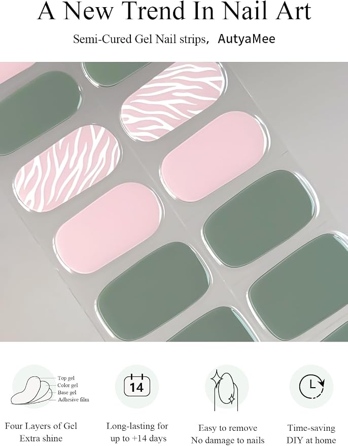 Semi Cured Gel Nail Strips (Soft Green), 20 Pcs Gel Nail Wraps, Stickers, Salon Quality, Works with Any UV Lamps