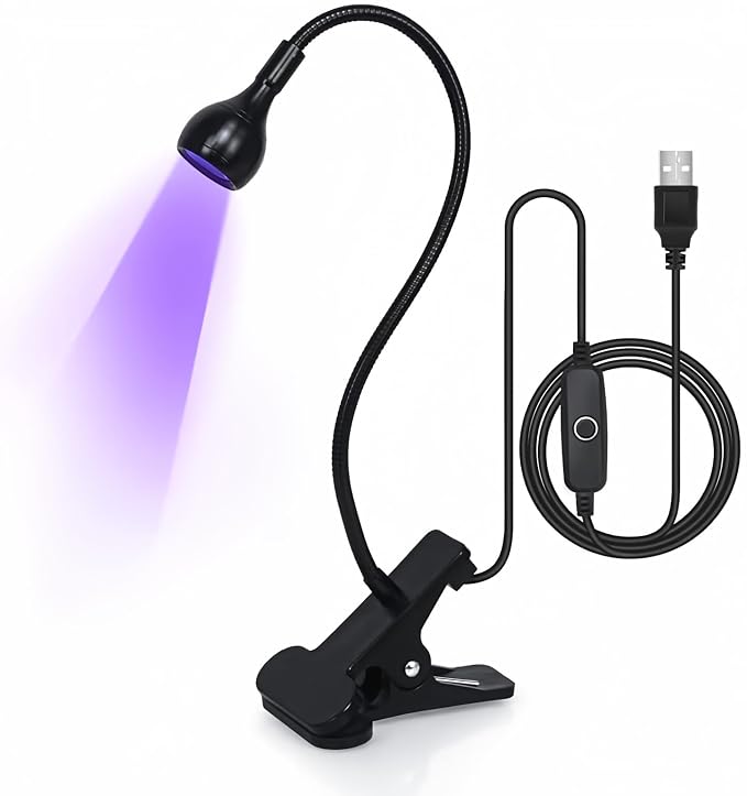 mlogiroa Clip-On UV Nail Light with Flexible Gooseneck, USB Powered | Hands-free table clamp, Adjustable light angle, Compact nail art tool for rhinestones, Gel polish touch-ups and small details