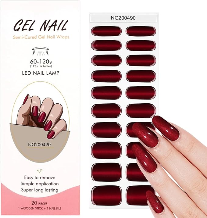 Semi Cured Gel Nail Strips - 20Pcs Burgundy UV Gel Nail Wraps with Wine Red Design, Long Lasting Salon-Quality Stickers, Includes Nails File & Wooden Stick - UV/LED Lamp Required