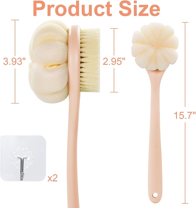 Back Scrubber for Shower with Long Handle, Double-Sided Shower Brush for Body, Loofah Back Scrubber & Bristle Bath Brush, Back Brush for Shower Exfoliating Hard-to-Reach Areas, Bath Brush Long Handle