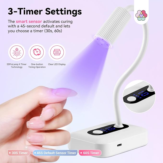 SAVILAND Smart Sensor UV Nail Lamp: Gooseneck 12W UV Light for Gel Nails 3S Flash Cure Light 3 Timer 360° Adjustable Rechargeable 6H Battery Life LED Display Flash Cure Lamp