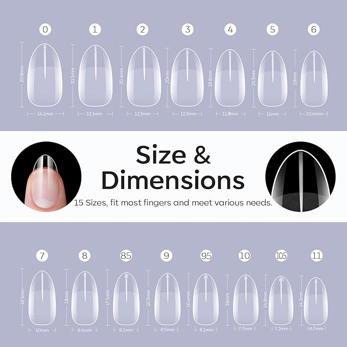 Modelones Short Almond Nail Tips 510pcs Soft Pre-etched Press on Nails Gel | Half Matte Full Cover Clear Acrylic Gel Kit False Press on Nails for Extension DIY Salon 15Sizes