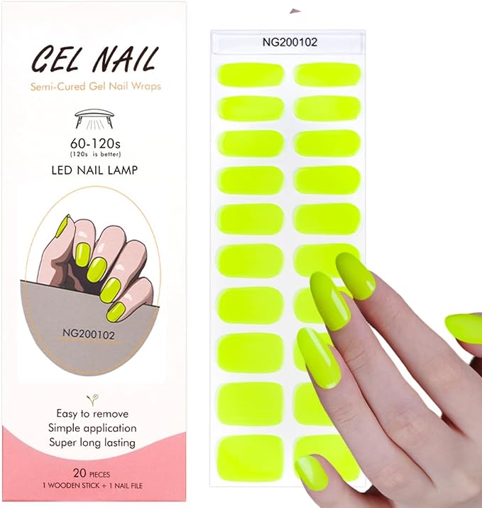Neon Green Semi Cured Gel Nail Strips - 20Pcs Lime Green Nail Wraps, Long Lasting Salon-Quality Stickers, Includes Nails File & Wooden Stick - UV/LED Lamp Required