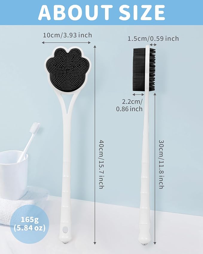 Manmihealth 15.7" Cute Silicone Body Scrubber & Face Scrubber Set BlackSet | 3 PCS Paw-Shaped Silicone Back Shower Brush & Facial Scrubber with Super-Soft Bristles Combination