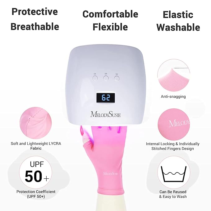 MelodySusie Premium Fingerless Protection UV Gloves for Gel Manicures | UPF50+ UV Blocking Fabric, Protect Hands from Sun and Nail Dryer Harm,Unisex for Salon & Home Gel Manicure,Pink